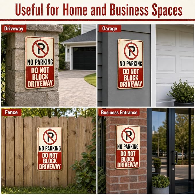 No Parking Tin Sign, 12 x 8 Inch Do Not Block Driveway Aluminum Metal Wall Decor, Vintage Parking Notice for Garage, Gate, Fence, Carport