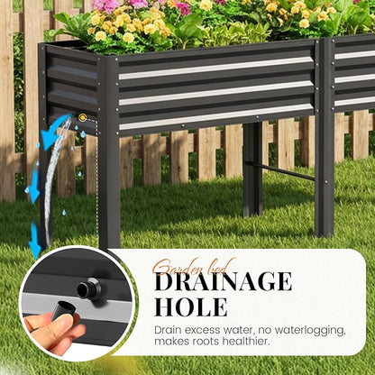 KING BIRD Raised Garden Bed with Legs & Water Storage Tank Galvanized Elevated Planter Box 80×17×31.5 in for Backyard, Patio, Balcony, 500lb Capacity, Dark Grey