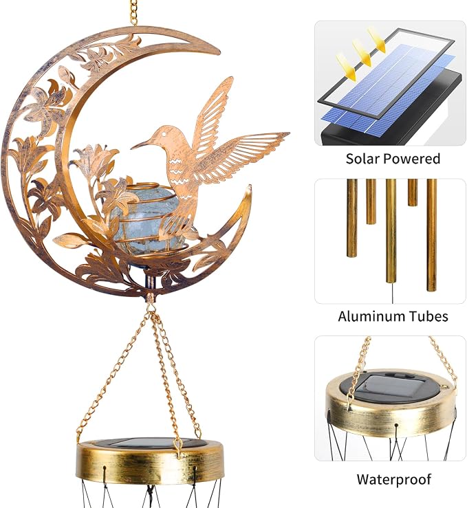 Moon Hummingbird Wind Chime Outdoor, Handcrafted Metal Garden Wind Chimes with Hummingbird Charms, Melodic Wind Bells for Patio Porch Decor, Weatherproof Gift for Nature Lovers & Bird Watchers