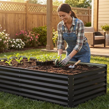 COMHOMA Raised Garden Bed 6x3x2ft,Galvanized Metal Planter Box Kit for Outdoor Gardening,Large Vegetable Flower Growing Beds with Gloves Tools,Black