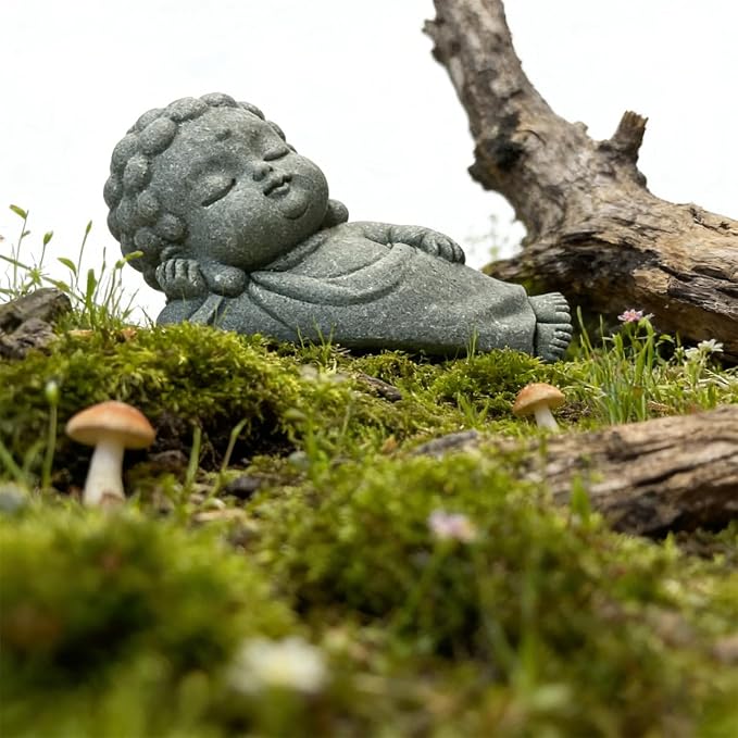 livelyfish Sleeping Buddha Statue Sandstone Buddha Figurine Zen Buddhism Sculpture for Aquarium Fish Tank Garden Home Decor (S)