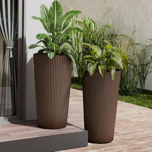 24" Tall Planters for Outdoor Plants,Large Outdoor Planters for Front Porch Decor with Drainage Hole, Flower Pots Fits Indoor Plants Patio/Garden, Plastic Striped Brown(2 Pack)