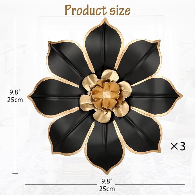 Metal Flowers Wall Decor Black and Gold Wall Art Decorations Hanging 3 Pc Rustic Modern Floral Sculpture Wall Accent Artwork Indoor Outdoor for Bathroom Kitchen Bedroom Living Room Patio Porch 10 Inch