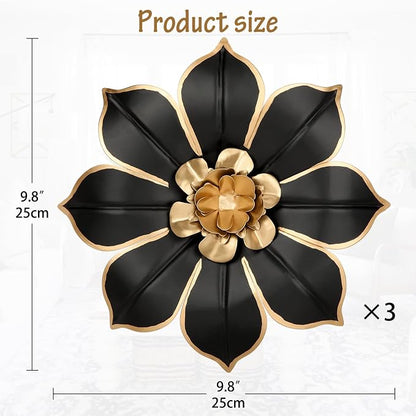 Metal Flowers Wall Decor Black and Gold Wall Art Decorations Hanging 3 Pc Rustic Modern Floral Sculpture Wall Accent Artwork Indoor Outdoor for Bathroom Kitchen Bedroom Living Room Patio Porch 10 Inch