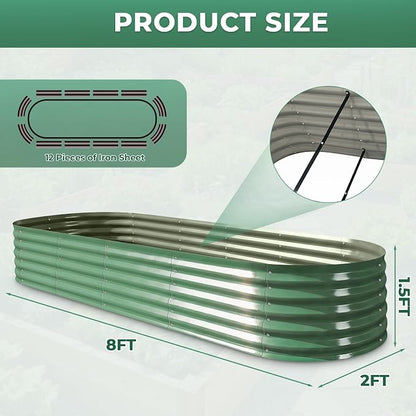Galvanized Raised Garden Bed, 8x2x1.5ft Oval Metal Planter Raised beds with Gloves, Support Rod, Rust-Resistant Deep Root Planters for Outdoor Vegetables, Flowers, Herb-Forest Green
