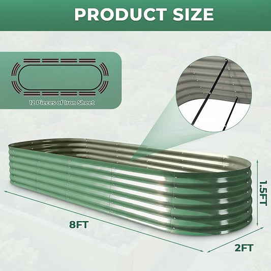 Galvanized Raised Garden Bed, 8x2x1.5ft Oval Metal Planter Raised beds with Gloves, Support Rod, Rust-Resistant Deep Root Planters for Outdoor Vegetables, Flowers, Herb-Forest Green