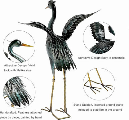 chisheen Crane Garden Statue Metal Heron Outdoor Decor Yard Art Bird Gift | Handcrafted Quality Iron and Handpainted Waterproof Finish