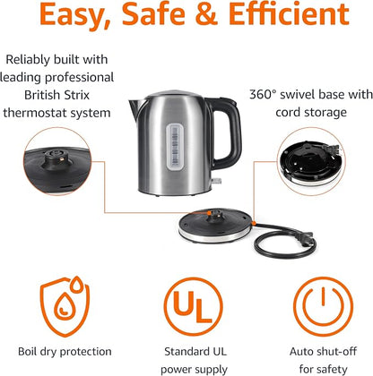Amazon Basics Electric Kettle, Tea Kettle & Water Boiler with Auto Shut-Off, Boil Dry Protection, Strix Thermostat, BPA-Free, 1500W, 1.1Qt (1L), Stainless Steel, New Model, Black & Silver