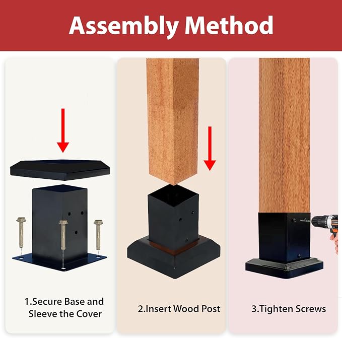 2 Pack 4x4 Post Base with Decorative Cover, Heavy Duty Iron Deck Post Base, 3.6" x 3.6" Inner Size, Black Powder Coated Fence Post Base for Deck, Pergola, Porch Railing, Mailbox, Gazebo