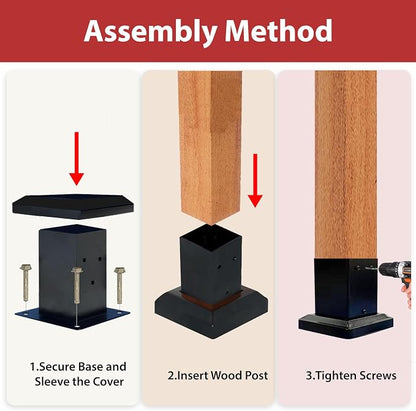 4 Pack 4x4 Post Base with Decorative Cover, Heavy Duty Iron Post Base, 3.6" x 3.6" Inner Size, Black Powder Coated Deck Post Base for Concrete, Pergola, Fence, Porch Railing, Gazebo