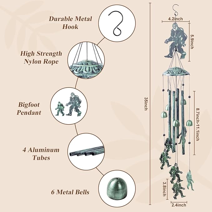 Wind Chimes for Outside Bigfoot, Metal Bigfoot Wind Chimes with 6 Chimes and 4 Aluminium Tubes, Sasquatch Gifts for Outside Home Lawn Porch Patio Garden Decor, Yard Decoration(Vintage Green) ﻿
