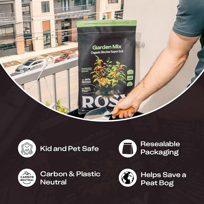 Rosy Garden Mix Biochar Potting Soil for Outdoor Plants, 8 Quart | Organic Garden Soil with Worm Castings for Vegetables, Herbs, and Flowers, Peat-free Outdoor Potting Mix, Made in USA