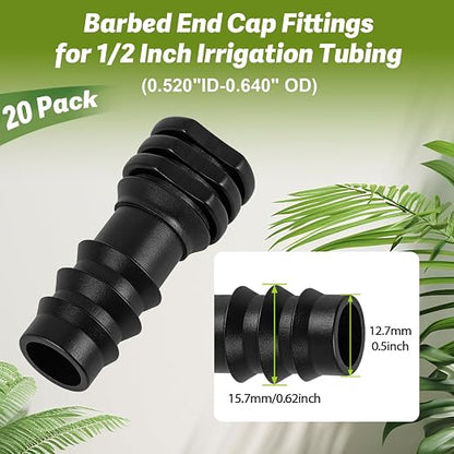 20 Pack 1/2 Inch Drip Irrigation Barbed End Plug Fitting, 1/2'' Dripline End Cap Connectors for 1/2 Inch Irrigation Tubing (0.520"ID-0.650" OD) for Garden Lawn Irrigation System