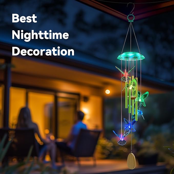 Wind Chimes,Hummingbird Solar Wind Chimes for Outside,Green Gradation Aluminum Tubes Deep Tone Memorial Wind Bell for Garden/Patio Mobiles Decorative Gifts for Mom, Wife, Grandma Neighbors(37" Long)