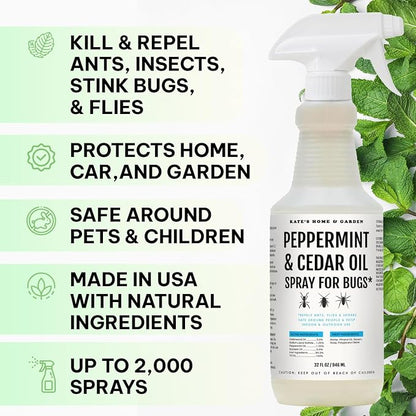 Kate's Home & Garden Peppermint Oil Spray for Bugs, Ants, Insects, Spiders, Roaches, Stink Bug. Pesticide and Insecticide Indoor Repellent Pest Control with Cedar Oil (32oz, Natural, Non Toxic)