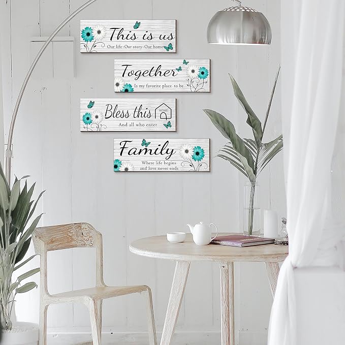 4 Pcs White Farmhouse Wall Decor with Teal Butterflies & Daisies, Rustic Wooden Signs Set, Floral Wall Art for Living Room Bedroom, Housewarming Gift, 4.7" x 13.8"