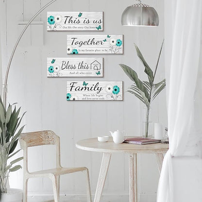 4 Pcs White Farmhouse Wall Decor with Teal Butterflies & Daisies, Rustic Wooden Signs Set, Floral Wall Art for Living Room Bedroom, Housewarming Gift, 4.7" x 13.8"