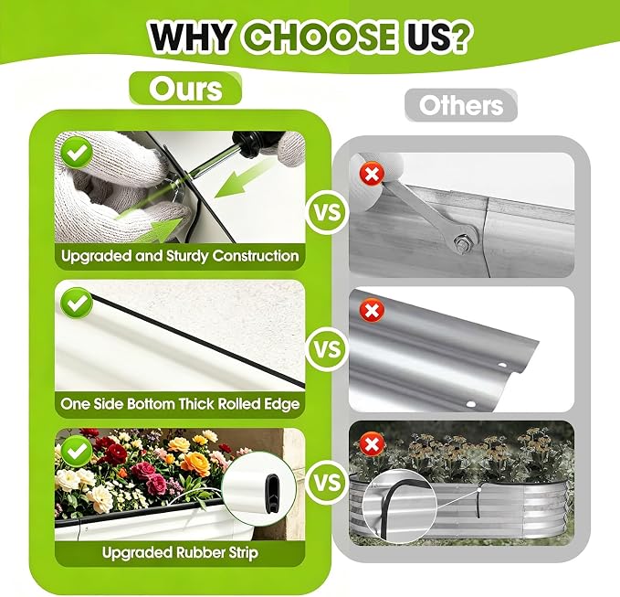 6x3x1.5ft Galvanized Raised Garden Bed Outdoor, 18'' Oval Large Metal Planter Garden Boxes for Gardening, Planting Deep Root Vegetables, Herbs, Fruits, Flower, Rustproof, Rubber Strip, White