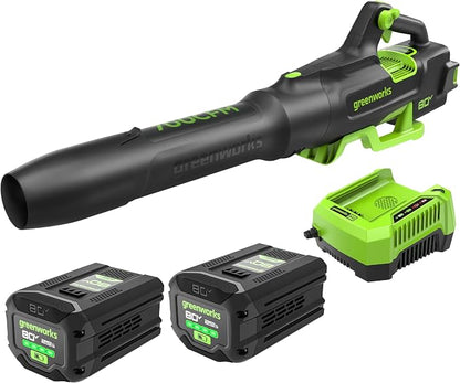Greenworks 80V (700 CFM) Brushless Cordless Leaf Blower, (2) 2.5Ah Batteries and 45 Minute Rapid Charger