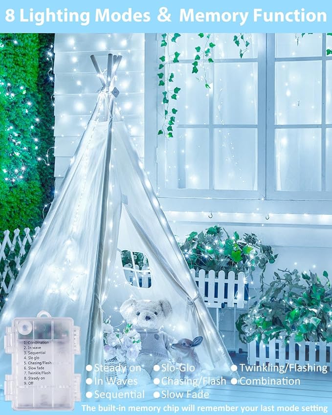 2 Pack 100 LED Fairy Lights Battery Operated with Remote, 8 Modes String Lights Indoor Outdoor, Cuttable Battery Light for Home Bedroom Wedding DIY Centerpiece Christmas Decorations (Cool White)