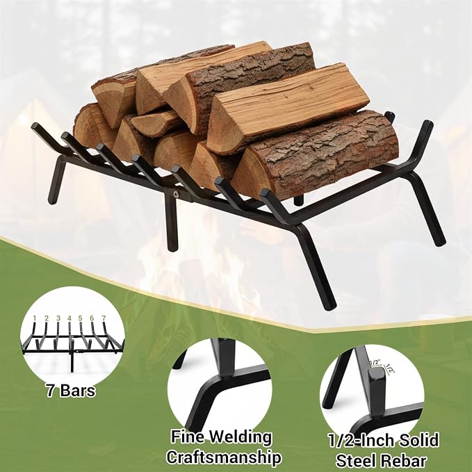 24 Inch Fireplace Grate, 1/2" Solid Steel Fireplace Log Holder, Heavy Duty Firewood Log Burning Rack with 7 Support Bars & 6 Support Legs for Indoor Outdoor Camping
