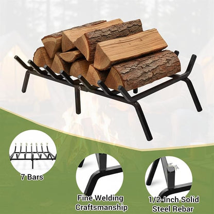 24 Inch Fireplace Grate, 1/2" Solid Steel Fireplace Log Holder, Heavy Duty Firewood Log Burning Rack with 7 Support Bars & 6 Support Legs for Indoor Outdoor Camping