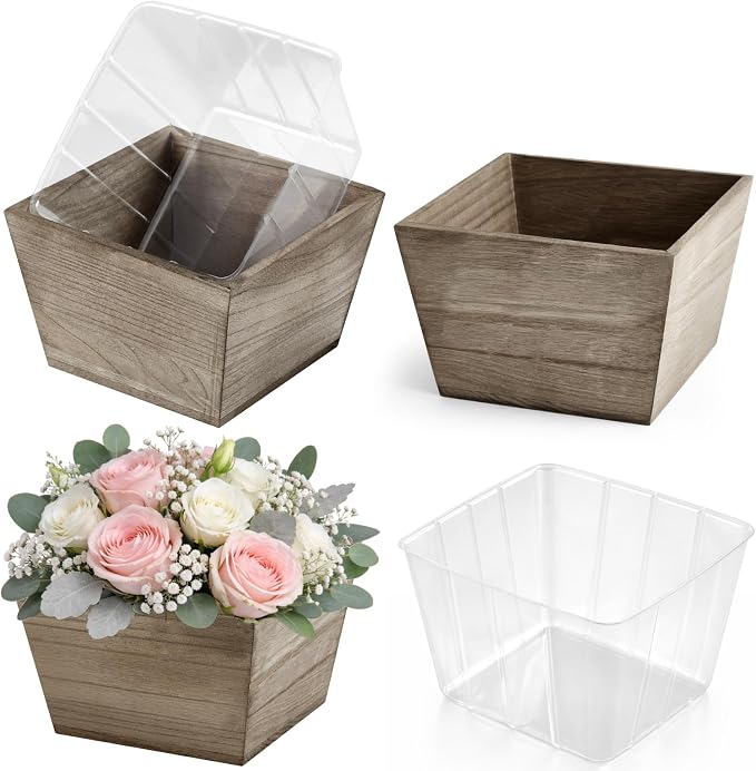 Dandat 2 Set Wooden Centerpiece Box for Wedding Table Decor 6 Inch Rustic Wood Planter Box with Removable Plastic Liner Flower Boxes for Party Wedding Baby Shower Home Garden Decor(Brown)