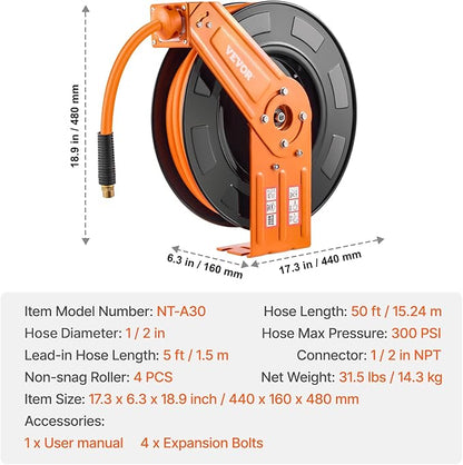 VEVOR Retractable Air Hose Reel, 1/2 IN x 50 FT Hybrid Air Hose Max 300PSI, Air Compressor Hose Reel Auto-Rewind with 5FT Lead in, Ceiling/Wall Mount Heavy Duty Single Arm Steel Reel, 1/2" NPT Fitting