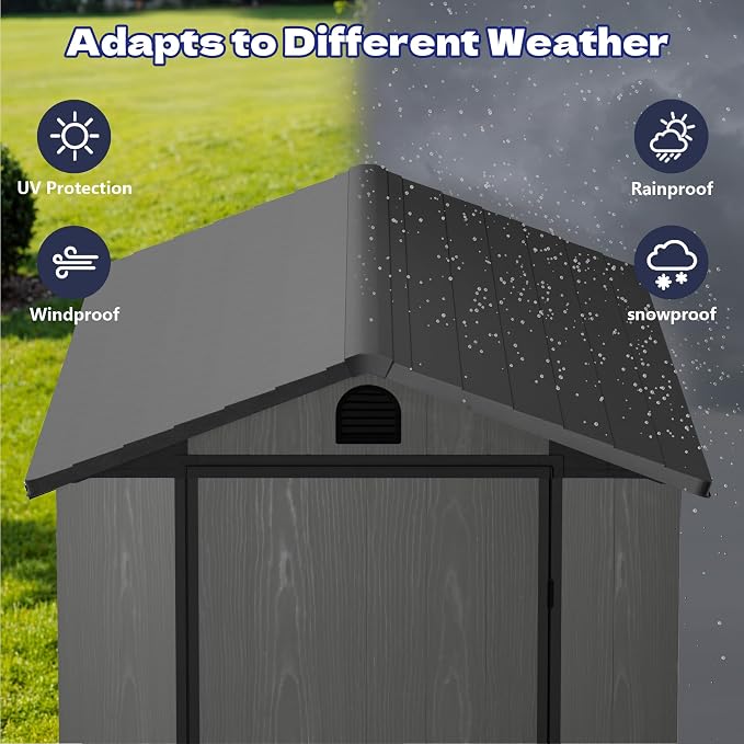 Greesum 4x8FT Plastic Storage Shed with Floor, Resin Outdoor Storaged Sheds with Lockable Door, All Weather Durable Tool Shed with Window and Vent for Yard, Patio, Garden, Dark Gray