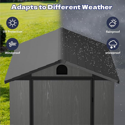 Greesum 4x8FT Plastic Storage Shed with Floor, Resin Outdoor Storaged Sheds with Lockable Door, All Weather Durable Tool Shed with Window and Vent for Yard, Patio, Garden, Dark Gray