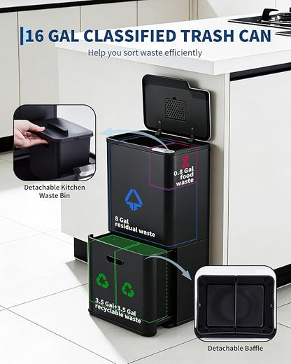 GarveeHome 16 Gallon Dual Trash Can for Kitchen, 2 Compartment Stainless Steel Garbage Can, 33L+28L Kitchen Recycling Bin with Compost Caddy, Removable Inner Bucket & Odor Control, Black