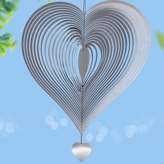 Stainless Steel Wind Spinners Outdoor Garden Decor, Gifts for Women Mom, 3D Metal Reflective Bird Devices Deterrent to Keep Scare Woodpecker Pigeon Away Outside Patio Yard House (Silver Heart,12 Inch)