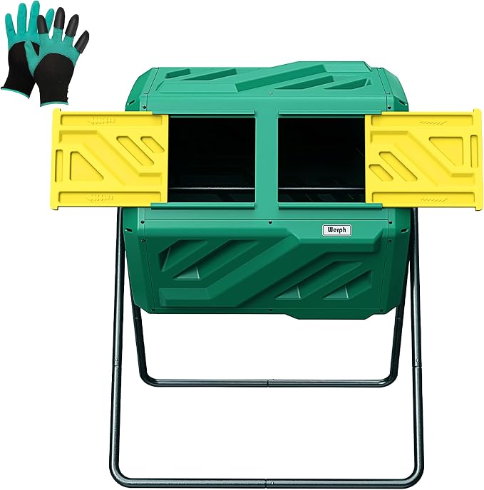 Werph 43 Gallon Compost Bin with Gloves, Fast Assembly & Easy Setup Outdoor Compost Tumbler, Updated Dual Chamber Tumbling Composter for Garden, Kitchen, and Yard Waste, Green