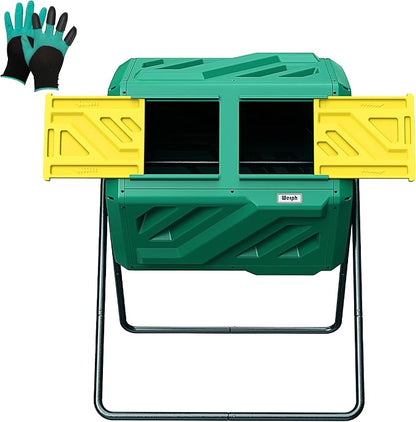 Werph 43 Gallon Compost Bin with Gloves, Fast Assembly & Easy Setup Outdoor Compost Tumbler, Updated Dual Chamber Tumbling Composter for Garden, Kitchen, and Yard Waste, Green