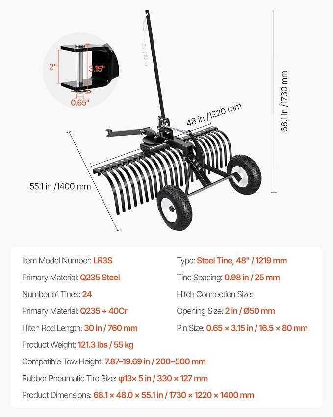 VEVOR 48in Tow Behind Landscape Rake, Pull Behind Lawn Rock Rakes for ATV Mower Tractors, 24 Durable Steel Tines, Adjustable Height & Angle, Heavy Duty Dethatcher Rake for Leaves Debris