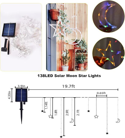 138 LED Ramadan Decorations Lights Solar Moon and Star Lights Outdoor Waterproof Powered Curtain Lights with 8 Modes Ramadan Hanging Decor for Ramadan, Home, Patio (Cold White)