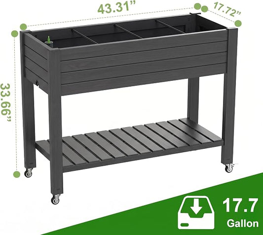 Elevated Resin Raised Garden Bed, 33.7in Height Raised Planter Box with Drainage Holes, Lockable Rotating Wheels & Bottom Storage Shelf, Stake Support, Easy Assembly for Patio Lawn Backyard Balcony