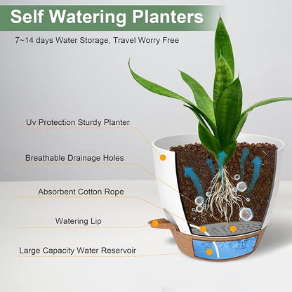 Vanslogreen Planters for Indoor Plants, 10/9/8 Inch Self Watering Plant Pots with Drainage Hole, Plastic Planters Flower Pots for Indoor Outdoor Plants (White)