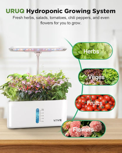 URUQ 8 Pods Hydroponics Growing System with LED Grow Light - White | Quiet Water Pump, Automatic Timer, Adjustable Height for Fresh Herbs, Vegetables, Indoor Gardening, Gifts for Plant Lovers