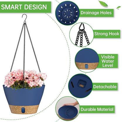 ZMTECH 2 Pack 8 Inch Hanging Baskets for Plants Outdoor Indoor, Modern Blue Planters with Water Level Window & Metal Chain for Balcony Patio Garden Home Decor