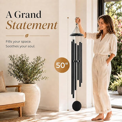 50" Extra Large Wind Chimes for Outside Deep Tone, 6 Extra-Thick Aluminum Tubes for Lasting Resonance, Big Outdoor Wind Chime for Garden Patio Decor, Relaxing Gift for Mom Dad Men Neighbors, Black