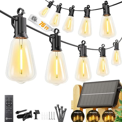 Brightown 76FT Solar String Lights Outdoor Waterproof, Patio Lights with Remote and 23+1 LED Shatterproof Bulbs, Dimmable & Timable, 3 Light Modes, Solar Lights Outdoor for Yard Camping Party Outside