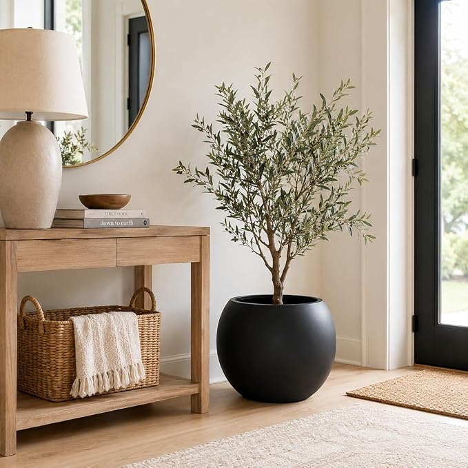 13.5 H x 17" Dia (12" Pot Opening) Black Round Fiberstone Planter with Drainage Hole, Indoor/Outdoor Large Plant Pot for Home Patio Garden, Ideal for Large Plants