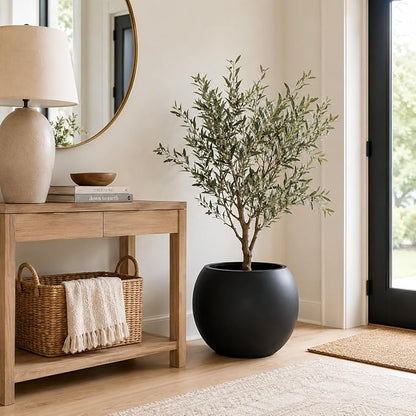 13.5 H x 17" Dia (12" Pot Opening) Black Round Fiberstone Planter with Drainage Hole, Indoor/Outdoor Large Plant Pot for Home Patio Garden, Ideal for Large Plants