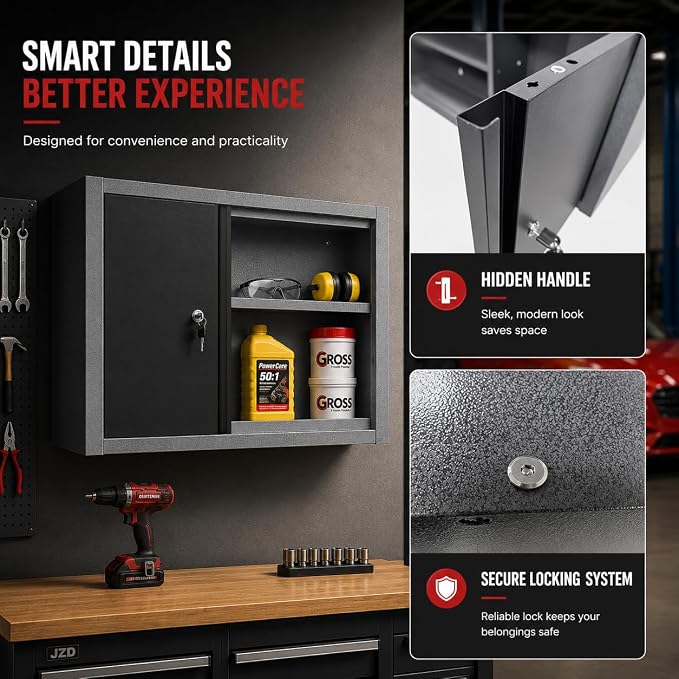 JZD Steel Wall Cabinet for Tool Organization with Two Removable Shelves, Industrial-Strength Metal Hanging Cabinets, for Garage Workshop
