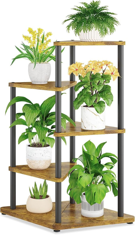 iDavosic.ly Tall Plant Stand Indoor for Large & Heavy Duty Planters, 4 Tier Corner Flower Shelf with Wooden Trays & Metal Frame, 33 Inch Orchid Rack for Living Room Balcony Porch, Black & Brown