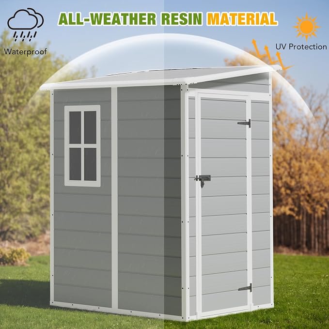 Greesum 5x4FT Plastic Outdoor Storage Shed, Resin Shed with Floor and Window, Tool Sheds with Lockable Door and Vent, for Garden, Garage, Lawn, Backyard, Light Gray