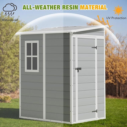 Greesum 5x4FT Plastic Outdoor Storage Shed, Resin Shed with Floor and Window, Tool Sheds with Lockable Door and Vent, for Garden, Garage, Lawn, Backyard, Light Gray
