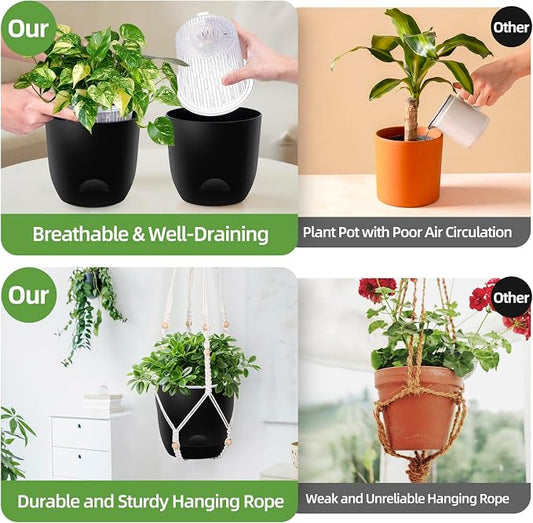 QCQHDU 2-Pack 5.7-Inch Macrame Self-Watering Hanging Planters, Pure Black | Small Plant Pots, Indoor & Outdoor, With Drainage, Two Sets of Hooks