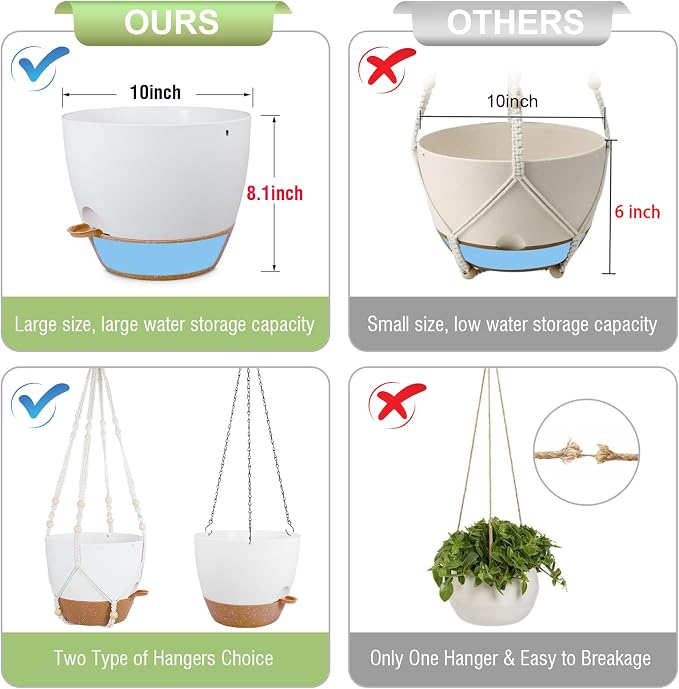 Meowell 10 inch Self Watering Hanging Planters, 2 Pack Hanging Baskets for Indoor Outdoor Plants, Hanging Flower Pots with Drainage Holes & 2 Kinds of Plant Hangers for Garden Home Décor, White Brown